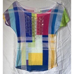 GERI C. NEW YORK Plaid Colorful Top‎ Tee Shirt Rhinestone Bling Crystal Small